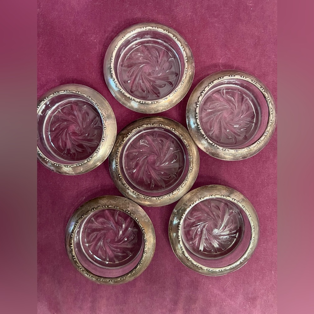Vintage Lenord Italy 1960 sunburst glass coaster with silver plated rim set of 6